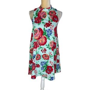 Everly Anthropologie Aqua Floral Print Shift Dress Red Roses Short Small